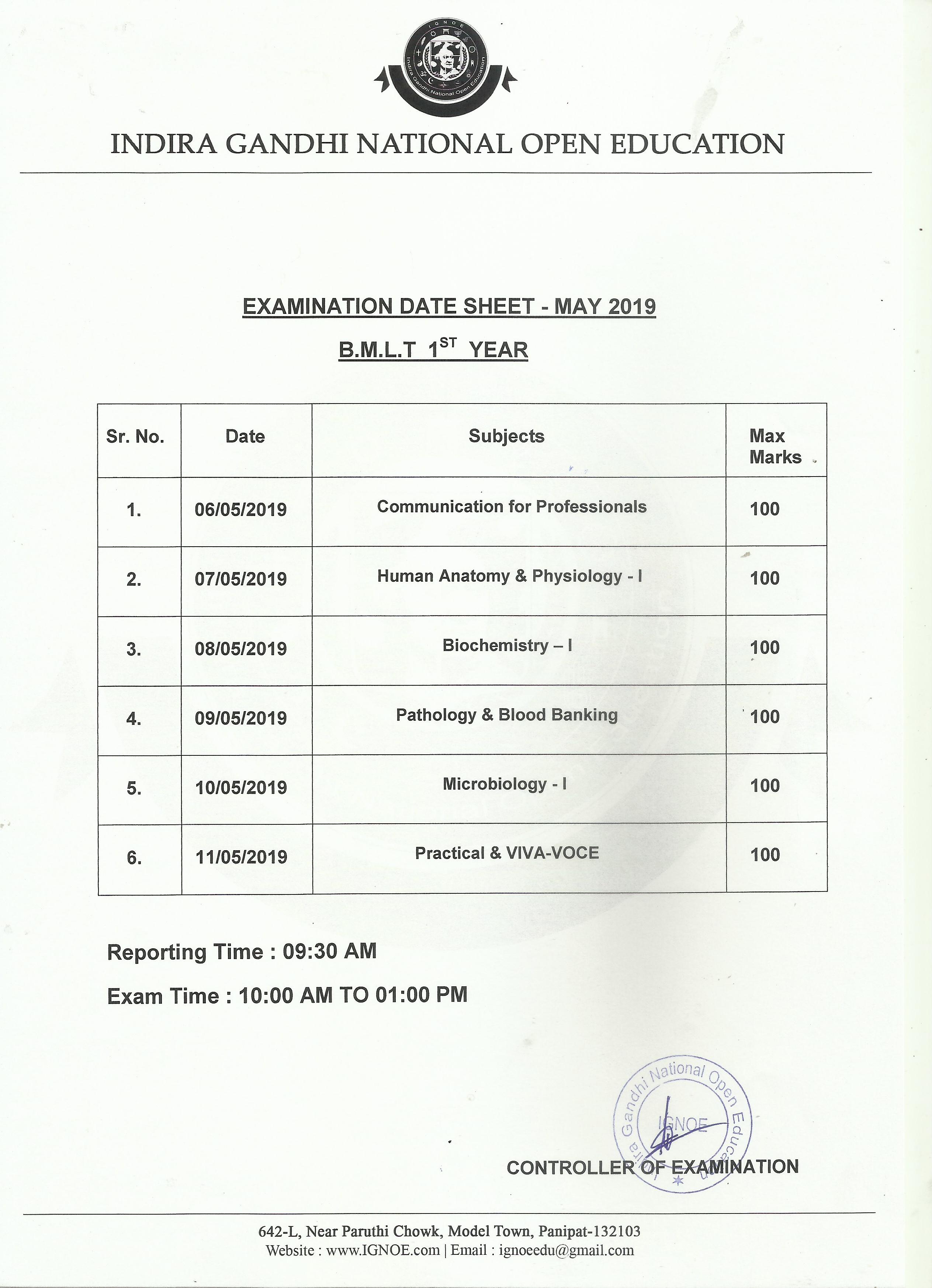 Examination Date Sheet IGNOE